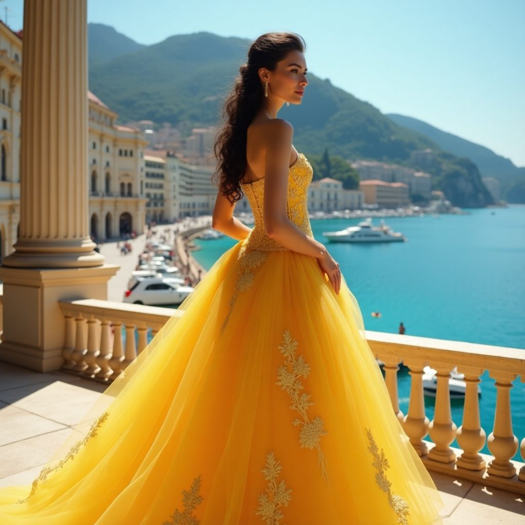 Elegant woman in a flowing yellow couture gown gazing over the Monaco coast, embodying timeless grace and poised sophistication — a visual reflection of the art of walking in high heels with refined rhythm and inner elegance.