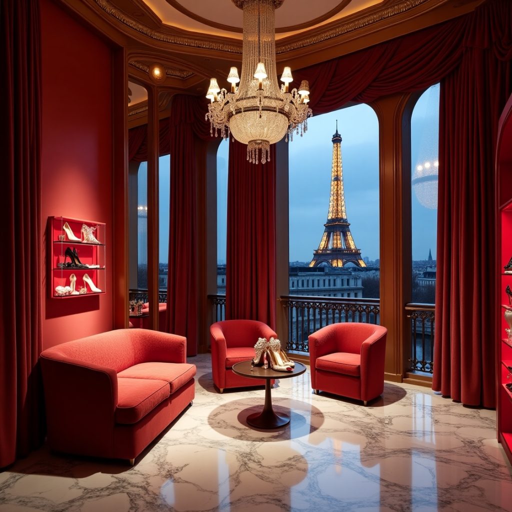 A luxurious Parisian salon with rich red decor, marble floors, and crystal chandelier, overlooking the illuminated Eiffel Tower at dusk. Elegant high heels are displayed on shelves and a round table, evoking timeless sophistication.